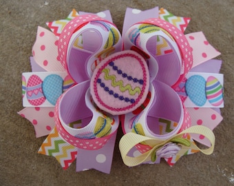 Easter Hair Bow - Large boutique Bow - Pastel Easter Eggs hair bow embridered egg hair bow