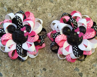 2 Disney Hair Bow Mickey Mouse Hair Bows Minnie Mouse Hair Bows Loopy Flower Hair Bows in Pink