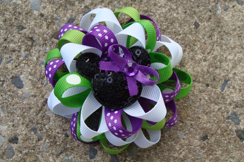 Disney Hair Bow Loopy hair bow Minnie Mouse Hair Bow hair clip in white, purple and green image 1