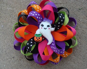 Halloween Hair Bow Loopy Flower Hair Bow ghost hair bow round loopy hair bow halloween costume hair bow hair clip trick or treat hair bow