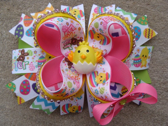 Easter Hair Bow - Large Twisted Boutique Spike Bow - Pastel easter chick hair bow embridered egg hair bow