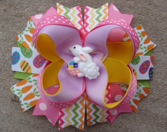 Easter Hair Bow - Large Twisted Boutique Spike Bow - Pastel bunny hair bow embridered egg hair bow