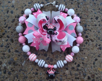 Princess Minnie Mouse Hair Bow Large Boutique Hair Bow pink and grey hair bow Large Hair Bow