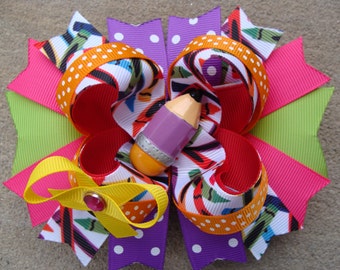 School Hair Bow Go back to School Stacked Boutique Hair Bow Crayon hair bow Pink and Green hair bow purple hair bow large boutique hair bow