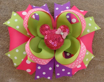 Minnie Mouse Hair Bow Large Hair bow Boutique hair bow green purple and Pink hair bow pink minnie mouse