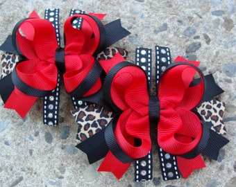 2 Red and Leopard print Hair Bows Pigtails Hair Bows Medium Boutique Hair Bows leopard and red hair bow