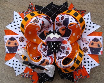 Halloween hair bow Halloween cupcake Hair Bow Halloween hairbow large hair bow Stacked Boutique Hair bow Orange and black hair bow hair clip