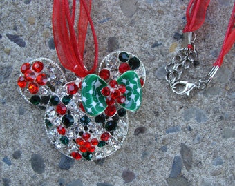 Christmas Hair Bow mouse necklace rhinestone necklace hair bow and necklace set holiday hair bow special occassion hair bow