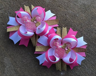 Two Pink and gold Hair Bows Mouse Hair Bows Minnie Mouse Hair Bow Medium Boutique Hair Bows white pink gold