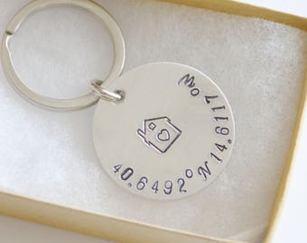 New Home Gift, Coordinate Keychain, House Keychain, First Home Buyer Gift, Personalized Home Gift, Aluminum Keychain, Handstamped Gift