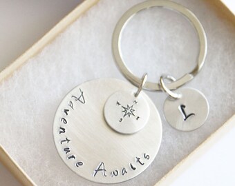 Adventure Awaits Keychain, Personalized Adventure Awaits, Inspirational Keychain, Compass Keychain, Travel Keychain, Graduation Gift