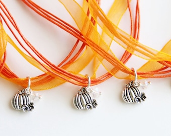 Pumpkin Patch Birthday Party Favor, Girl Necklaces, Orange Ribbon Pumpkin Theme Party, Kids Jewelry, Fall Favors, Pumpkin Favors, Fall Party