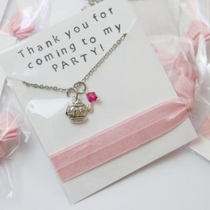 Tea Party Favors Necklaces and Hair Ties Party Favors, Tea Kettle Favor, Girl Gift, Girl Tea Party Favors, Tea Set Charm with Gem Charm