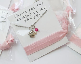 Tea Party Favors Necklaces and Hair Ties Party Favors, Tea Kettle Favor, Girl Gift, Girl Tea Party Favors, Tea Set Charm with Gem Charm