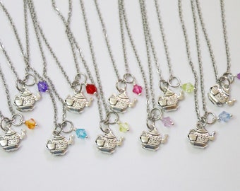 Tea Party Favor Mixed Colors Necklaces Time For Tea Kettle Teapot Charm Girls Necklace, Girls Tea Party