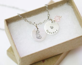 Expecting Mom Gift Necklace,  Due Date Necklace, Birthstone Charm, Customized Necklace, Mom Necklace, New Mom Jewelry, Due Date For Mothers