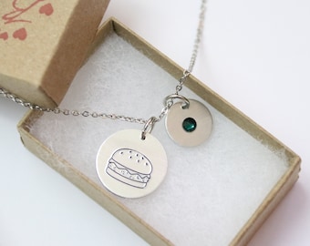 Hamburger Personalized Necklace, Birthstone Necklace, Burger Necklace Jewelry