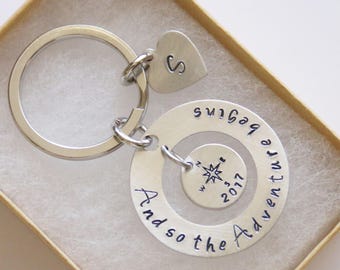 And So The Adventure Begins Keychain, Personalized Graduation, Inspirational Keychain, Compass Keychain, Travel Keychain, Graduation