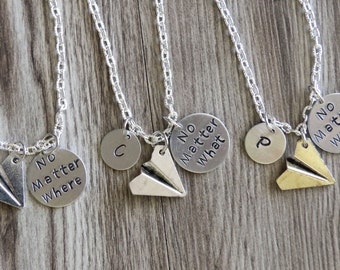 No Matter Where What When Necklaces Set, Personalized Gifts, Hand Stamped Necklace, Airplane Necklaces, Airplane Distance Friendship