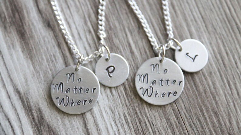 Friendship Gift Personalized Gifts Hand Stamped Necklace Initial Distance Friendship Necklace Gift Set No Matter Where Necklace Set