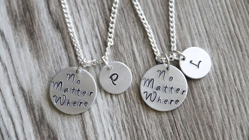 Friendship Gift Personalized Gifts Hand Stamped Necklace Initial Distance Friendship Necklace Gift Set No Matter Where Necklace Set