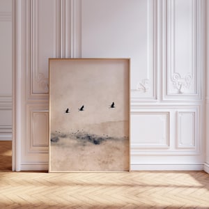 Poster Japandi, arte minimalista neutra, arte murale minimalista, stampa giapponese neutra, opera d'arte astratta scandinava, arte astratta con uccelli in volo