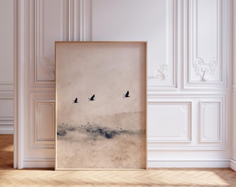 Póster minimalista japonés de arte neutro, arte mural minimalista, impresión neutra japonesa, obra de arte abstracta escandinava, arte abstracto de pájaros voladores