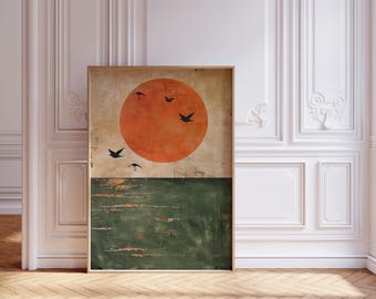 Japandi Wall Art Stampa minimalista Stampa giapponese Poster neutro Decorazione murale minimalista scandinava Sole nascente e uccelli su mare verde Arte