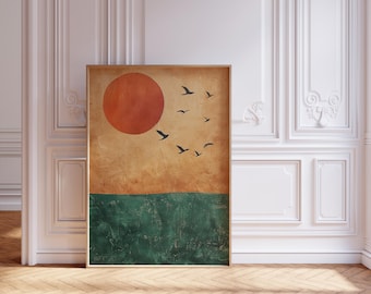 Japanese Wall Art Print Japandi Poster Neutral Minimalist Art Print Scandinavian Minimalistic Decor Print Orange Sun and Green Sea Scene Art