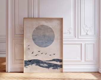Japanese Art Print Japandi Wall Art Minimalist Neutral Art Wall Decor Minimalistic Scandinavian Abstract Poster Blue Sun Landscape Artwork