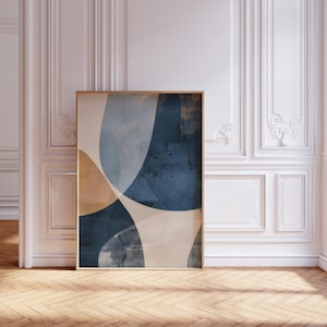 Stampa artistica astratta scandinava da parete, poster moderno minimalista, forme artistiche minimaliste nordiche, blu beige, blu navy, arancione bruciato, design artistico Giclée.