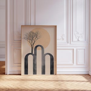 Neutral Line Drawing Art Scandinavian Print Minimalist Poster Wall Decor Minimalistic Print Modern Tree Silhouette with Arch and Sun Poster