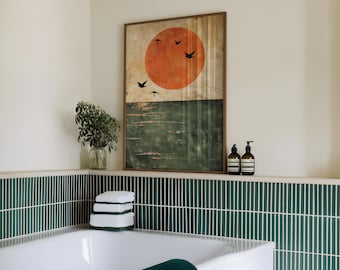 Japandi Wall Art Minimalistic Print Japanese Print Neutral Poster Minimalist Scandinavian Wall Decor Rising Sun and Birds Over Green Sea Art