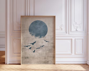 Impresión de arte minimalista, decoración de pared japonesa, póster japonés, obra de arte neutra minimalista escandinava, sol azul abstracto con pájaros