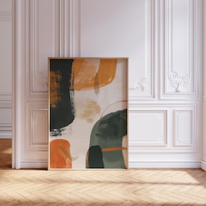Arte abstrata de parede minimalista escandinava, arte abstrata neutra escandinava, impressão minimalista escandinava, arte em tons de verde escuro e terracota