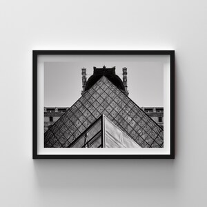 Louvre Pyramid Print – Black and White Paris Architecture Photography, Modern Fine Art Wall Decor, Glass and Stone Contrast Photo