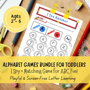 Paquete de juegos del alfabeto para niños pequeños, actividades preescolares con el abecedario, juego de "Veo veo" y de asociación, imprimibles de reconocimiento de letras, hojas de trabajo del alfabeto para niños