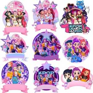 May include: A collection of nine K-Pop themed cake toppers. Each topper features a group of stylized female figures in vibrant outfits, set against a backdrop of disco balls, stars, and musical notes. Each design includes a pink banner.