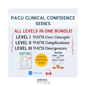 May include: A digital educational bundle titled PACU Clinical Confidence Series, featuring three levels: Level I PACU Core Concepts, Level II PACU Complications, and Level III PACU Emergencies. Includes two small study guide previews and a PDF download icon.