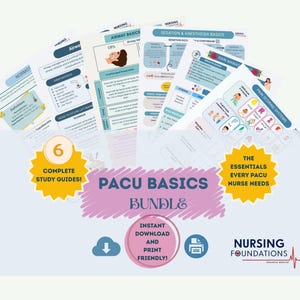 Bundel PACU-studiegids voor verpleegkundigen | 6 downloadbare studiebladen | Basisprincipes van PACU | Cheatsheets voor post-anesthesiezorg | Verpleegkundige referentiekaarten