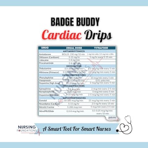 Op de afbeelding: Een naslaggids getiteld "Badge Buddy Cardiac Drips" voor verpleegkundigen, met namen van geneesmiddelen, gebruikelijke doses en titratie-informatie. De gids bevat een hartvormige stethoscoopafbeelding en de tekst "A Smart Tool For Smart Nurses."