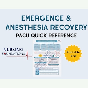Könnte beinhalten: Ein hellblaues Poster mit dem Text "EMERGENCE & ANESTHESIA RECOVERY PACU QUICK REFERENCE". Das Poster enthält ein Diagramm zu den Grundlagen der Sedierung und Anästhesie sowie das Logo von Nursing Foundations. Ein gelber Stern sagt "Printable PDF".