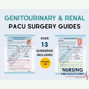 Könnte beinhalten: Ein hellblaues Lehrbuch mit dem Titel "Genitourinary & Renal PACU Surgery Guides". Der Leitfaden enthält Informationen zu über 13 Operationen, darunter Nierentransplantationen und Blasenresektionen. Der Leitfaden ist ein druckbares PDF und stammt von Nursing Foundations.