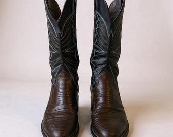 The Sanders Mens Cowboy Boots 7.5 Brown Lizard Skin Leather Western