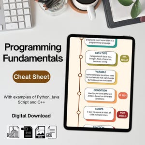 Hoja de referencia de fundamentos de programación, Fundamentos de Python/JavaScript/C++, Guía de codificación para principiantes, Tipo de datos de función de matriz variable, Imprimible