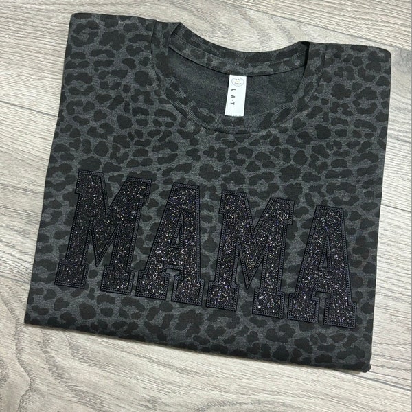 Black Monochromatic Glitter Leopard MAMA Embroidered Crewneck Short Sleeve Tee Shirt T Shirt Oversized Mother's Day Aesthetic Tone on Tone