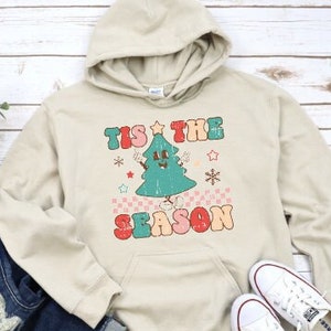 Tis the Season Cartoon Christmas Tree Smiling Retro Sweatshirt Sweater Hoodie Crewneck Winter Hooded Sweatshirt Basic Shirt hoodie