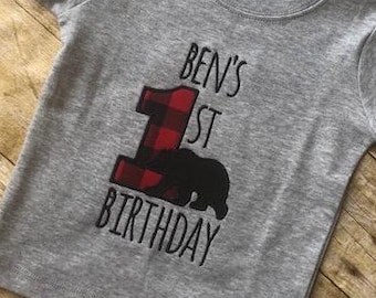 Bear Birthday Shirt Buffalo Plaid Lumberjack Woodland First Birthday Shirt Theme