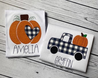 Pumpkin Patch sibling Set Shirts Pumpkin Truck coordinating pumpkin heart  monogrammed shirt fall boy's embroidered shirt applique boutique