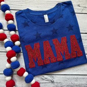 Patriotic Glitter Stars MAMA Embroidered Crewneck Short Sleeve Tee Shirt T Shirt Oversized 4th Fourth of July Idependence Day